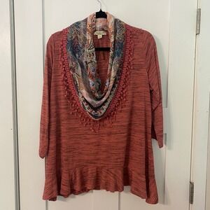 One World Womens 2X Terracotta Space Dye Tunic Top Scarf Neck Crochet Lace Trim